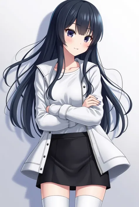 Anime style, beautiful woman, perfect face, cold face, dark blue eyes, black hair, long hair, living hair, a mouth behind the head, tongue sticking out behind the head, wild hair, white cold jacket, white shirt, black skirt, white thigh-high stockings, arm...