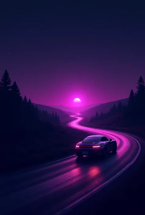 Car driving at night to a fixed point with purple colors 