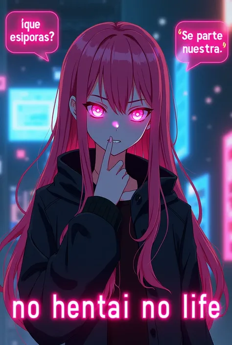 “Generate an anime-style cyberpunk character with long pink hair and glowing, menacing eyes. The character should be shown with one hand near their mouth, looking sinister. Surround the character with speech bubbles containing blue text that reads ¿Qué esp...