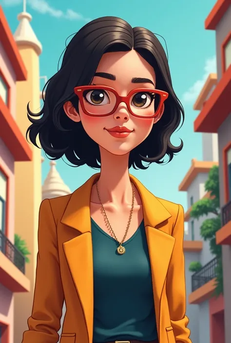 Create a cartoon with the following characteristics, Brunette woman, with glasses, slim, high 