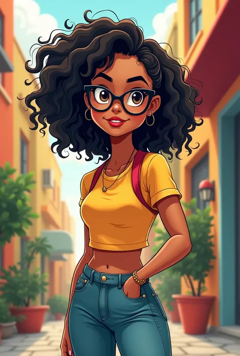 Create a cartoon with the following characteristics, Mujer de Téas Morena, with glasses, slim, high 