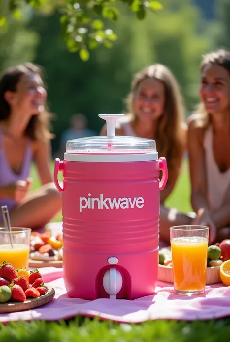 :  An attractive photograph of a sports water cooler with the brand logo that says PinkWave an outdoor picnic, surrounded by friends enjoying cold drinks and snacks .