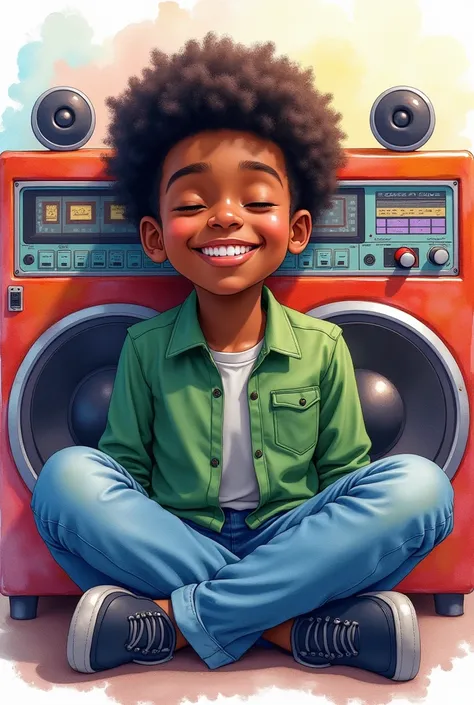 Watercolor painting style drawing of ten-year-old black afro boy black boy short hair and black eyes closed and smiling with green blouse blue jeans black shoes sitting large colored radio 