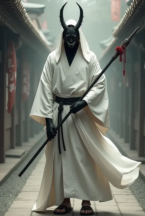 Villain in white kimono and black Japanese demon mask without horns and ninja slippers and an oriental spear in his hands 