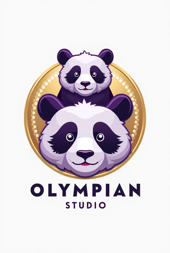 Logo with the name Olympian studio ,  with colors purple  , white and gold , In the background a panda with purple color  