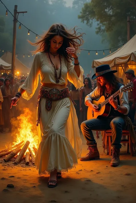  Oil portrait of a gypsy woman dancing by the campfire accompanied by a guitarist seated on the right side of the image 
But hes behind the woman, The guitarist looks rocker with long hair playing his electric guitar and in the background is the community ...