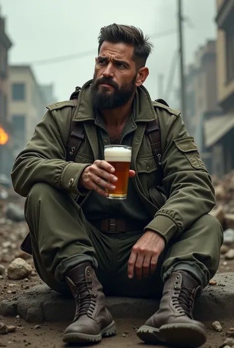 create a guy named iulian drinking beer in a war