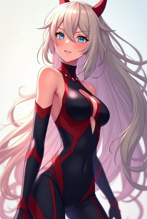  A graceful character from Boku in Hero Academia with long, platinum blonde hair,  bright light blue eyes and soft pink skin . In the black and red outfit , She exudes elegance and strength,  with curves highlighted by the tight design and geometric detail...