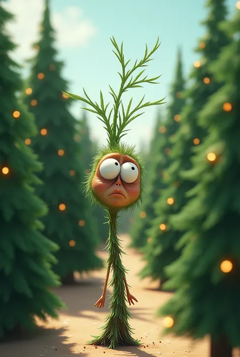 Small pine tree with weeping eyes watching several families buy other pine trees animated image

