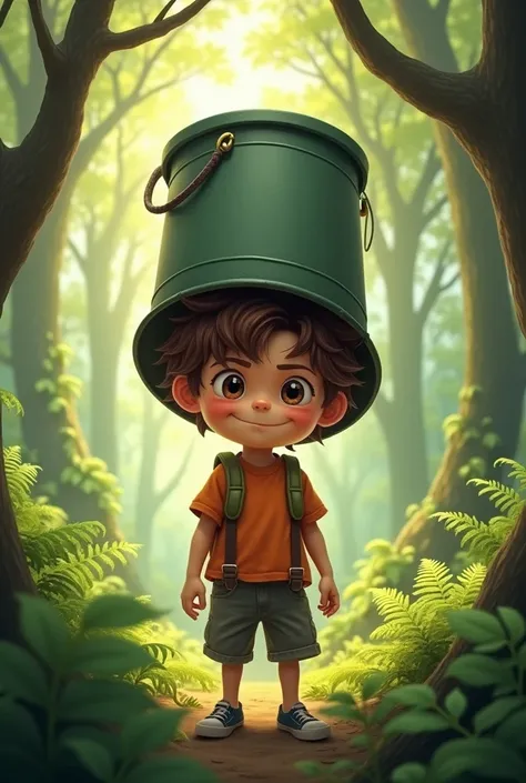 Create a realistic boy with brown hair on his head, the hat is replaced by a bucket upside down and a bucket is worn over his head 

the background is in the forest
