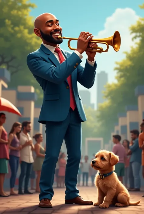 Bald African-Brazilian man,PLAYING THE TRUMPET,  trumpet pointed up ,  wearing blue suit and Yorkshire puppy listening to him play, black man