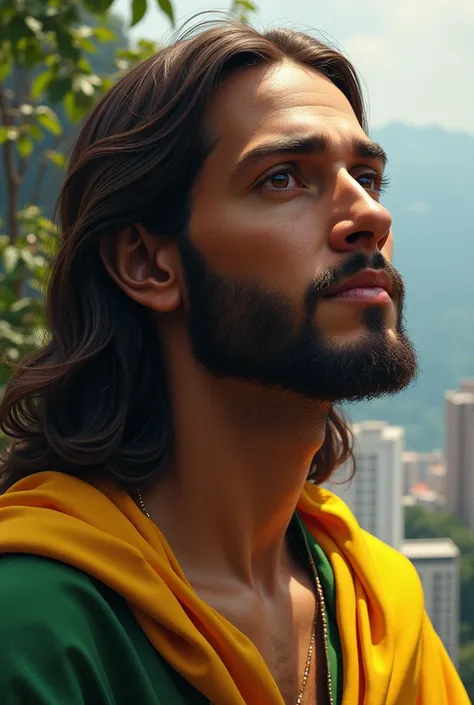  Create an extremely realistic representation of Jesus inspired by the culture and characteristics of the  [Brazil].  It must reflect physical traits typical of the people of that country , with skin texture ,  facial details and expression that convey hum...