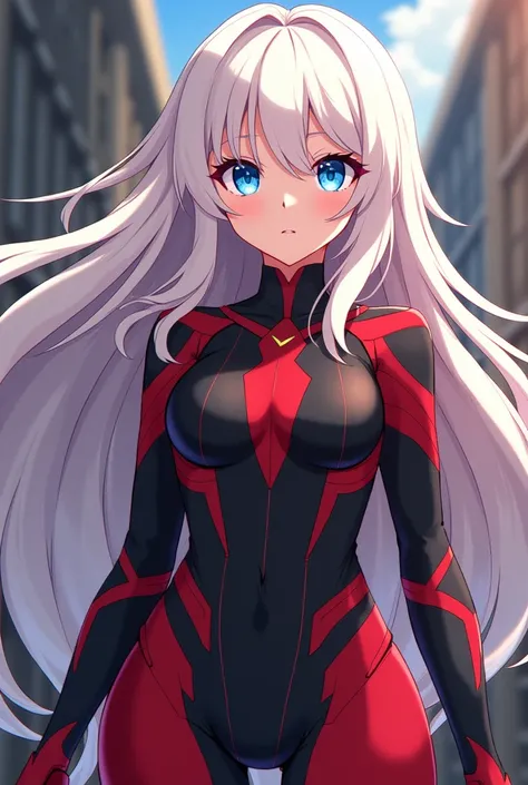  A graceful character from Boku in Hero Academia with long, platinum blonde hair,  bright light blue eyes and soft pink skin . In the black and red outfit , She exudes elegance and strength,  with curves highlighted by the tight design and geometric detail...