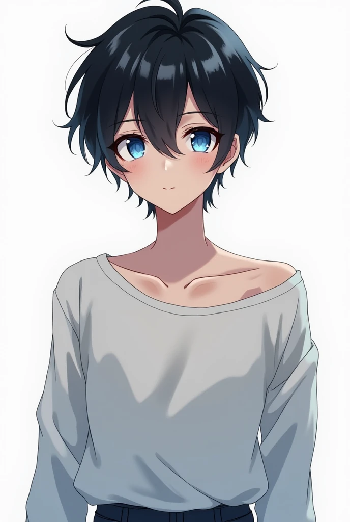 Anime boy male black hair, blue eyes. Full body, white background s