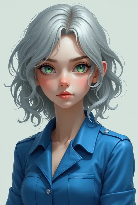 A grey-haired girl , green eyes and blue jumpsuit