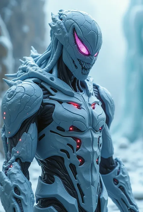 breathtaking cinematic science fiction photo of a portrait of a non human masked Grim dressed as a iced out venom knight in ice metalskin, body full glowing metrics inside, glowing multicoloured eyes, multifaceted eyes, metallic arms, in a landscapefull of...