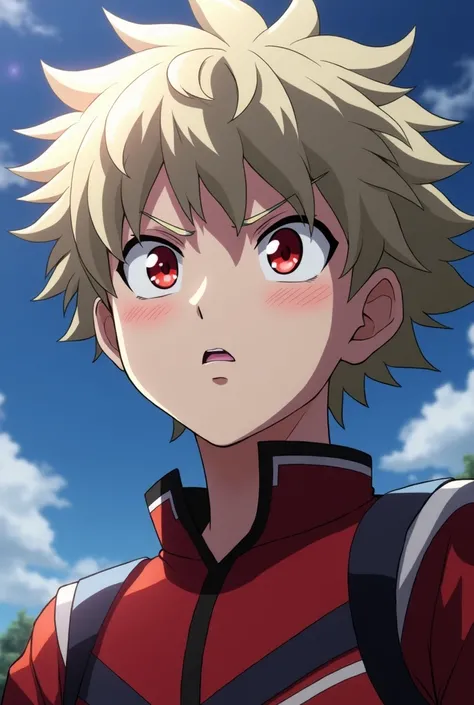  Screenshot Boku no hero Academia. young man. pale skin, has short hair,  uniform with cropped bangs hanging over her eyebrows. His eyes are sharp and bright scarlet in color.. En la academia, She wears the pointy, ash-blond U .a.