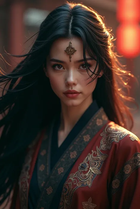 a highly detailed portrait of a beautiful woman with long dark hair, glowing eyes, and the symbols of the Hokage on her forehead, detailed facial features, detailed skin texture, detailed clothing, detailed background, octane render, cinematic lighting, dr...