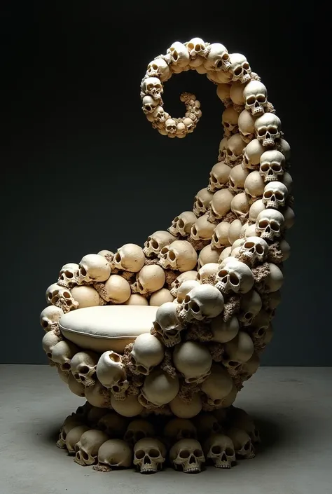 Egg-shaped chair made of skulls with a spiral-shaped backrest 