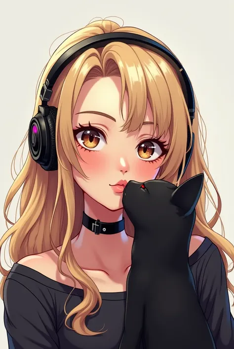  Drawn female German 27-year-old gamer with long blond hair and brown eyes, Black collar and headset gives kiss and a black cat 