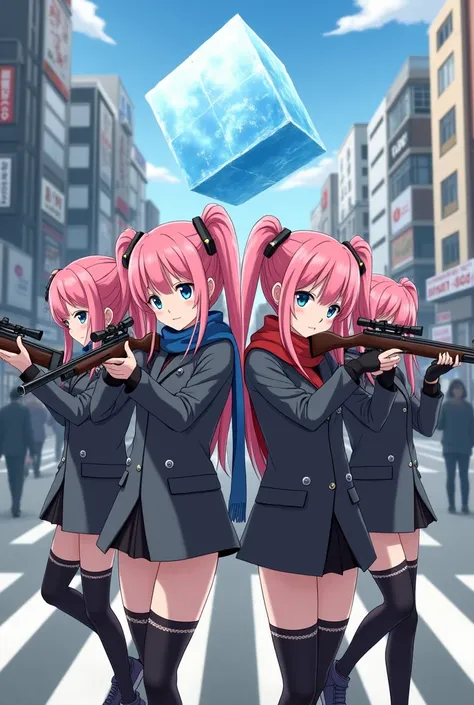 ((((((Otherwise,  anime style,  scarf,   fingerless gloves,thin, 、 pink haired girl、 blue eyes、 twin drill、movie one scene hair clip,  thigh strap to hide one ear, cowboy shooting,  gun,  sniper rifle))))))(((Same face、 there are countless girls with the s...