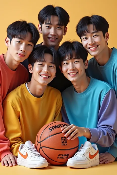 Quatre hommes homosexuels de type asiatique membre du groupe de k-pop BTS avec symbole un ballon de basket et symbole de chaussons de danse.
Symbole en priorité 