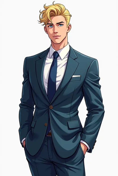 24-year-old blond boy with blue eyes and in a millionaires suit with a defined but not bulky body who measures 1.90 animated by Manhwa 
