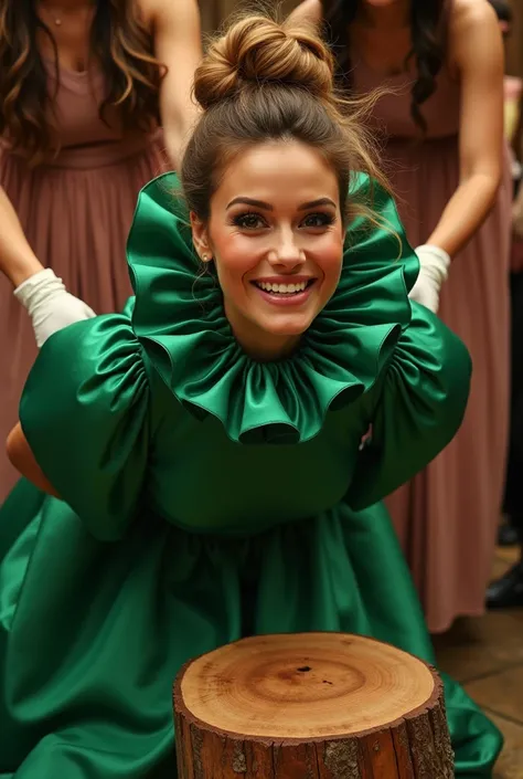 (realistic photograph sideways close up), (a smiling surprised beautiful Caucasian lady with (messy hair bun), she is bent down on the floor and wearing a (excessive shiny green silk dress with (long gigantic puff sleeves), (and with an ultra high tight st...