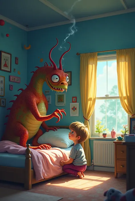 A  talking to a monster in his bedroom at the foot of his bed