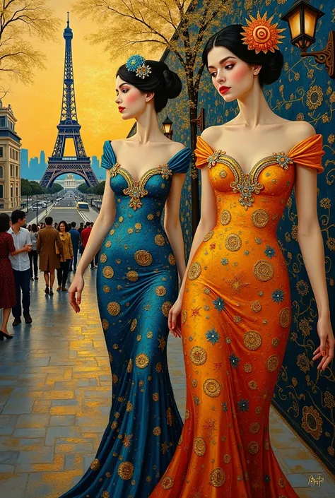 Invent a scene in Paris depicted as Gustav Klimt would
