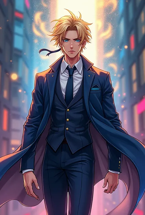 24-year-old blond boy with blue eyes and in a millionaires suit with a defined but not bulky body who measures 1.90 with Manhwa animation that looks like Naruto
