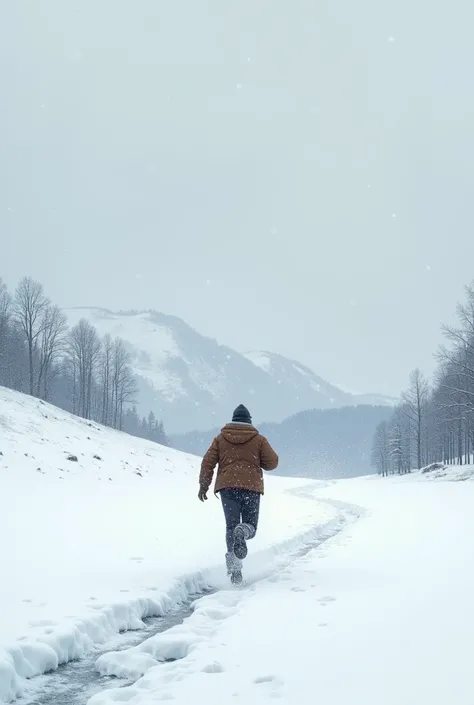 Imagine a man running in snowfall