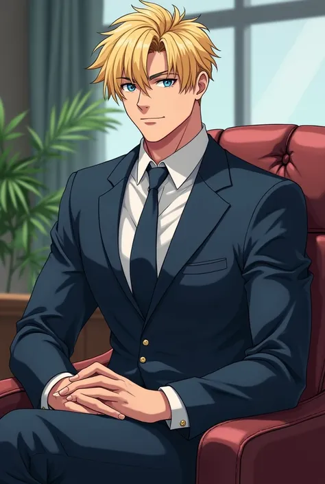 24-year-old blond boy with blue eyes and in a millionaires suit with a defined but not bulky body who measures 1.90 with Manhwa animation that looks like Naruto and is sitting at a desk
