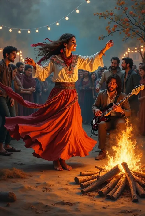 Oil portrait of a gypsy woman dancing around a campfire ,  to the top and centered in cursive letters as a title, she is accompanied to her right sitting and watching her by a rock guitarist in black clothing and a white shirt  ,  with his white electric g...