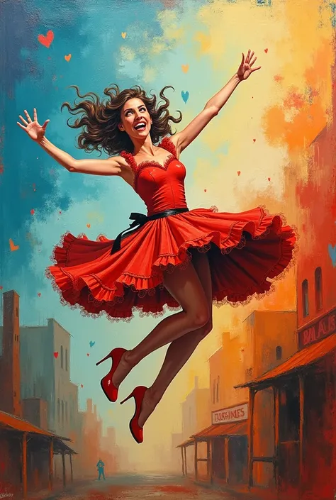  playful acrylic painting with bold, rough brushstrokes in an amateur and comic-like style. The image shows a saloon can-can dancer falling awkwardly through the sky, her frilly dress and exaggerated petticoats swirling wildly. Her face has a cartoonish lo...