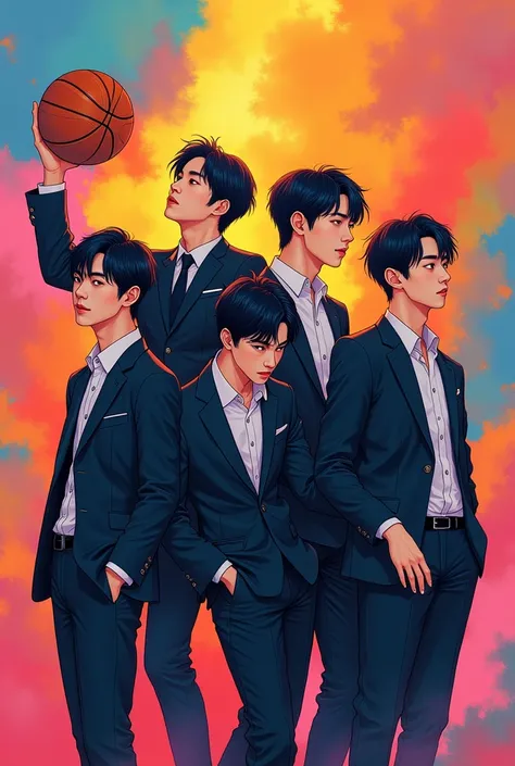 Quatre hommes homosexuels de type asiatique membre du groupe de k-pop BTS avec symbole un ballon de basket et symbole de chaussons de danse classique.
Propriété sur les deux symboles 