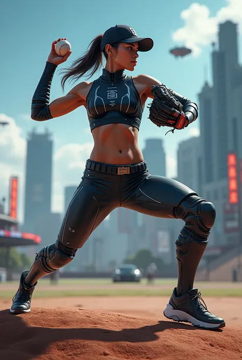 Fututistic female character baseball pitcher throw. cyberpunk equipment