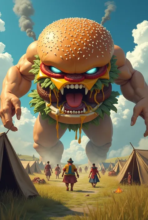 create a 3d anime burger attacking romanian gipsyies