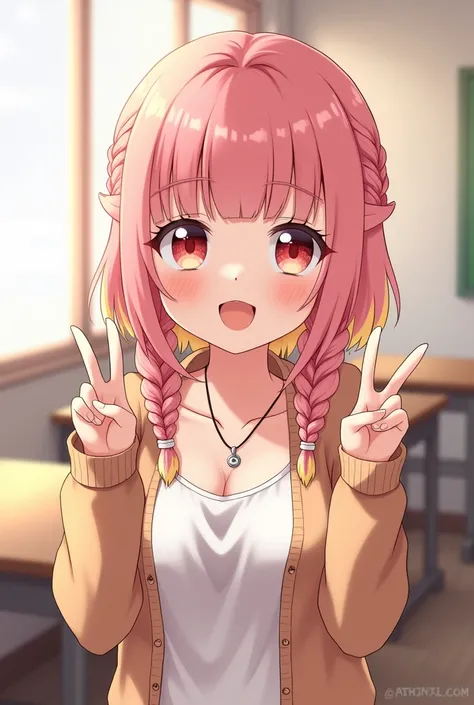 (((anime))), ((animated)), (GAL), medium hair, (braid hair:1.3), (blunt bangs:1.2),two-tone hair, blonde hair, (pink hair), round face, red eyes, (drooping eyes), (((tareme))),Pink Lip,piercing,necklace,[black skin], light smile, ((((cute)))), beautiful, 1...