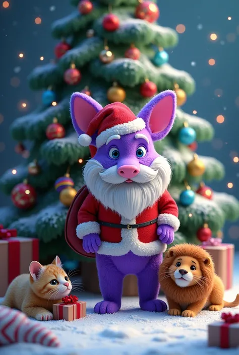 Patrick habiller en père noël violet devant un sapin de Noël décorée accompagner dun lion et dun chaton allonger dans la neige