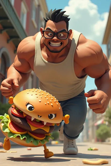 create a 3d anime burger attacking a massibe black man with glasses