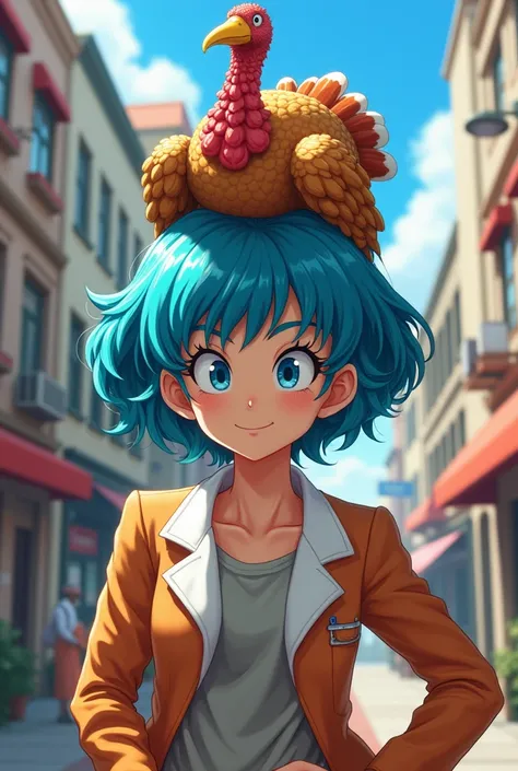 Bulma with a turkey on her head.
