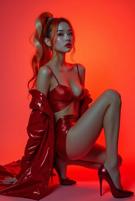 young and beautiful KOREAN ,  round face,  beautiful face, eyelashes,  defined lips with very long straight hair tied up with a high ponytail of vibrant orange color,  with white HIGLIGHTS highlights that intertwine along the length of her hair , striking ...