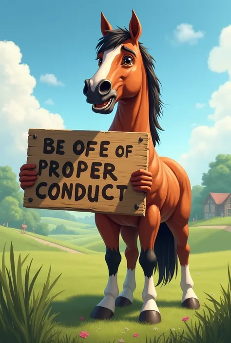  A horse is holding a sign that says "I got on properly "