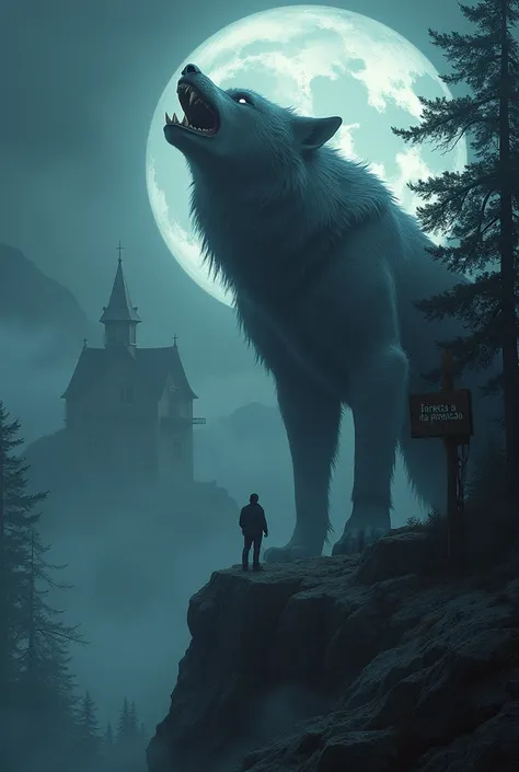 A realistically rendered image capturing a ferocious werewolf standing terrifyingly in dramatic close-up, howling and staring at the moon on a towering mountain peak with thick fog in the air. He stands in the midst of his genetic fine near a cliff near an...