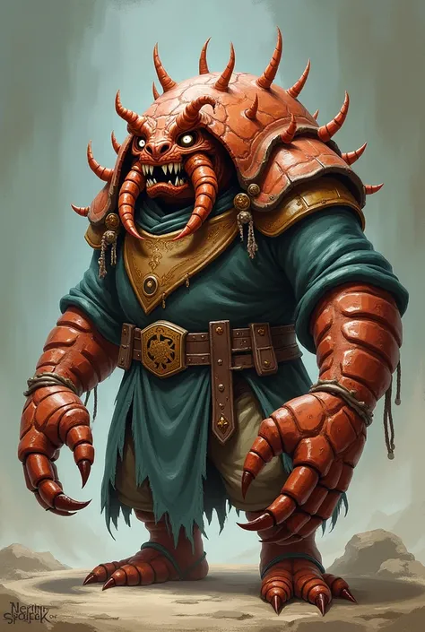  In RPG cartoon style , with realistic drawing traits, Make a dwarf ,  a short character ,  but his upper body is a scorpion ,  he has the belly down like a man ,  but he has the chest and arms completely the shell of a scorpion,  with clawed arms ,  and a...