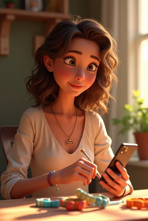 I want 3D Pixar I want a woman with curly light brown hair with a necklace with the name Ranna with an iPhone in her hand making bracelets 