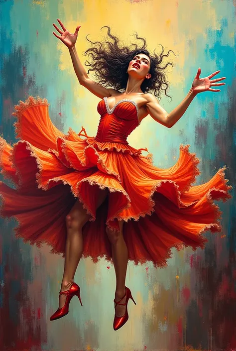 A modern acrylic painting with bold, abstract brushstrokes in a vibrant and expressive style. The image shows a saloon can-can dancer falling through the sky with a frightened expression. Her frilly dress and layers of fabric swirl around her in exaggerate...