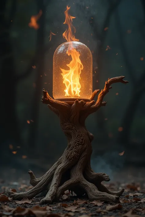 Generate a lamp of myths and legends whose base is made of wood and generates fear