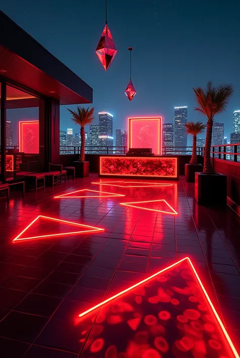 A futuristic outdoor dance floor on a spacious rooftop terrace, designed for an exclusive electronic music party. The setup has a bold red and black color scheme with geometric accents. The DJ booth, positioned at the center-back, is a sleek transparent pr...